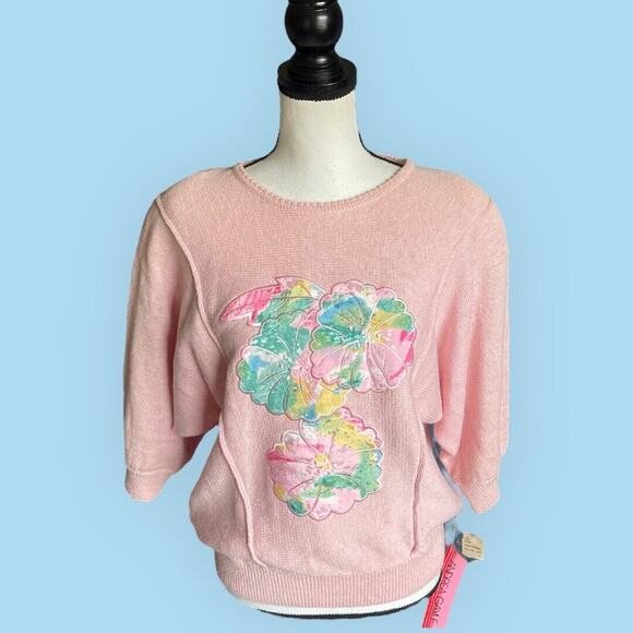 Vintage 80s  Gayle DEADSTOCK Pink Flower Sweater NWT L 10 - Picture 3 of 12